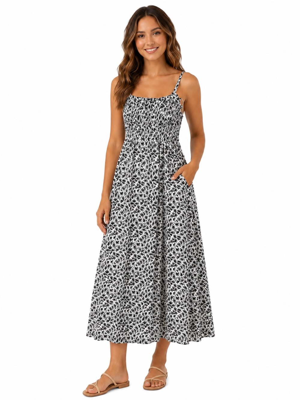 Camilla Black and White Floral Maxi Dress with Smocked Bodice